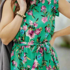 Painted Floral Tie Waist Ruffle Dress -Women's Clothing Store DSC 8875