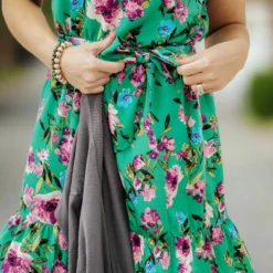 Painted Floral Tie Waist Ruffle Dress