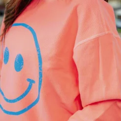 Happy Face Ribbed Graphic Crewneck -Women's Clothing Store DSC 9354
