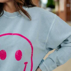 Happy Face Ribbed Graphic Crewneck -Women's Clothing Store DSC 9382