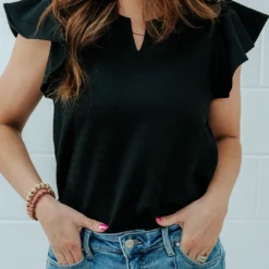 Textured Flutter Trim V Blouse -Women's Clothing Store DSC 9512