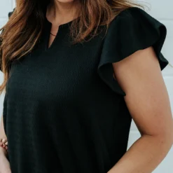 Textured Flutter Trim V Blouse -Women's Clothing Store DSC 9514