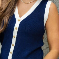 Contrasting Trim Button Knit Tank