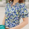 Vibrant Daisies Ruched Puff Sleeve Blouse