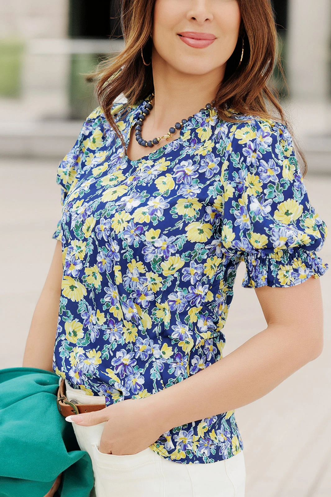 Vibrant Daisies Ruched Puff Sleeve Blouse 1 Vibrant Daisies Ruched Puff Sleeve Blouse