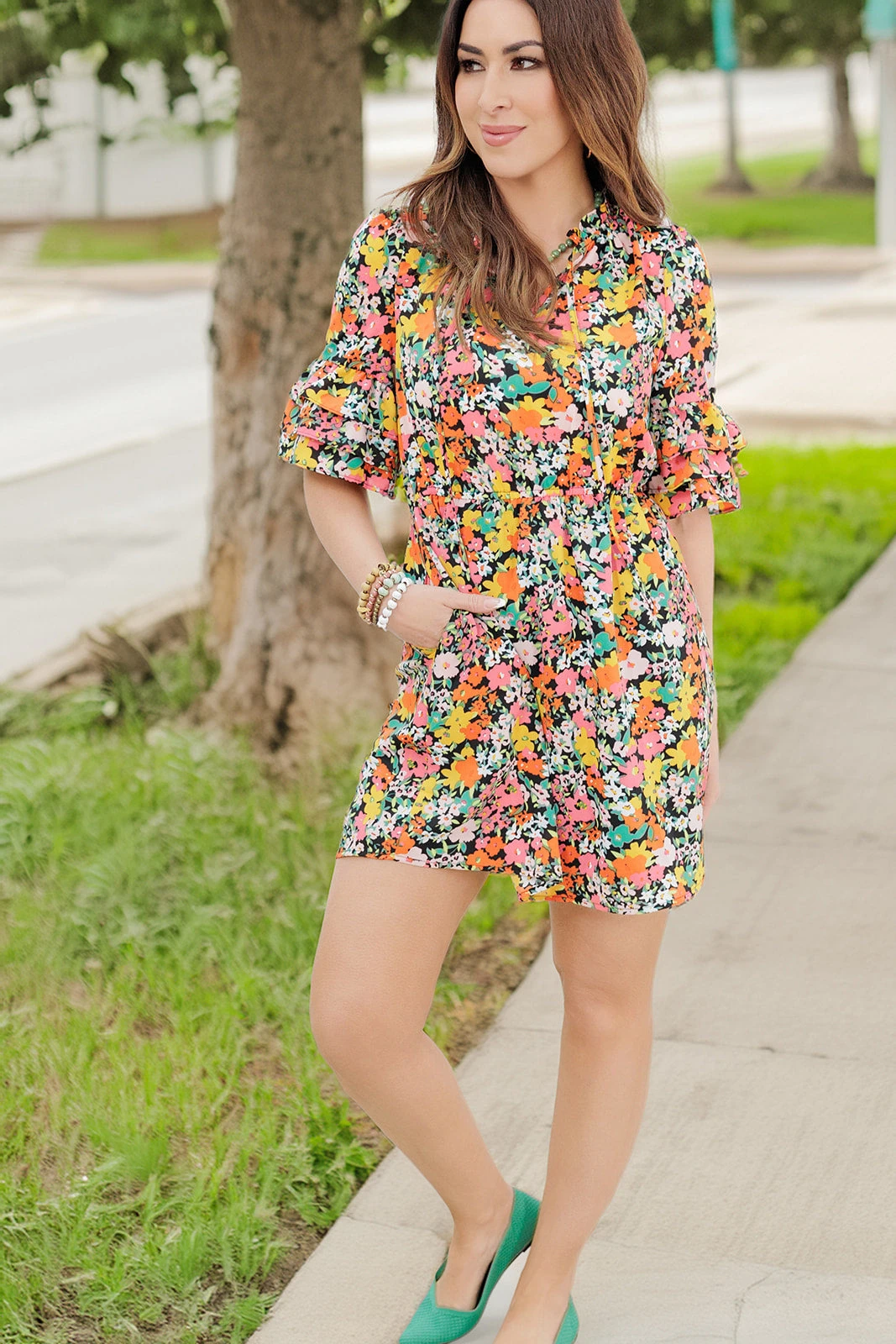 Vibrant Blooms Triple Ruffle Sleeve Dress 1 Vibrant Blooms Triple Ruffle Sleeve Dress