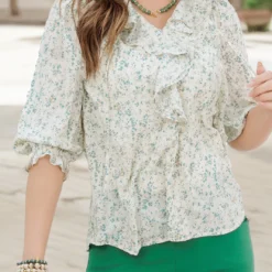 Cherry Blossoms Ruffle Front Blouse -Women's Clothing Store FJ7A2366