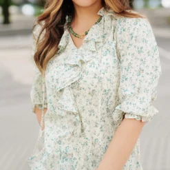 Cherry Blossoms Ruffle Front Blouse -Women's Clothing Store FJ7A2371