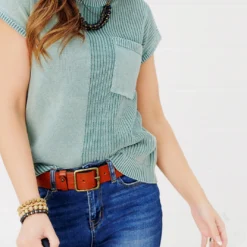 Mixed Knits Pocket Accented Short Sleeve Sweater 23 Mixed Knits Pocket Accented Short Sleeve Sweater -Women's Clothing Store FJ7A3042 2 copy