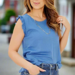 Ruffle Trim Ribbed Tank -Women's Clothing Store FJ7A4942