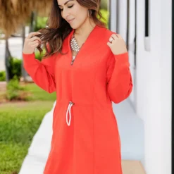 Drawstring Waist Quarter Zip Dress -Women's Clothing Store FJ7A5853