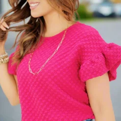 Bold Textured Bell Sleeve Blouse -Women's Clothing Store FJ7A6536