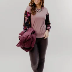 Classic Floral Sleeve Solid Body Blouse -Women's Clothing Store JAN2025BECCA0067