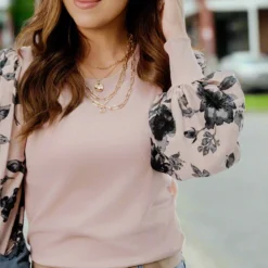 Vintage Roses Sleeve Solid Body Blouse -Women's Clothing Store JAN2025BECCA0096