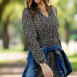 Sketched Floral Cinched Trim Midi Dress -Women's Clothing Store JAN2025BECCA0427