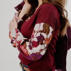 Classic Floral Sleeve Solid Body Blouse -Women's Clothing Store JAN2025BECCA0513