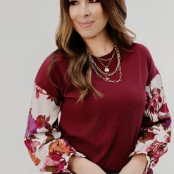 Classic Floral Sleeve Solid Body Blouse -Women's Clothing Store JAN2025BECCA0514