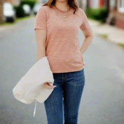 Heathered Micro Striped Tee -Women's Clothing Store JAN2025BECCA0529