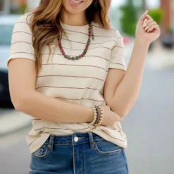 Micro Striped Ribbed Tee 16 Micro Striped Ribbed Tee -Women's Clothing Store JANweek3 becca0405