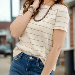 Micro Striped Ribbed Tee 18 Micro Striped Ribbed Tee -Women's Clothing Store JANweek3 becca0406
