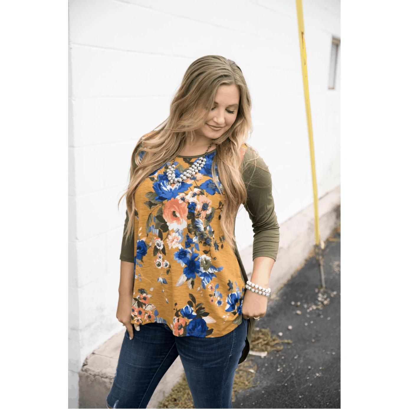 Mustard Floral Front Baseball Tee 1 Mustard Floral Front Baseball Tee