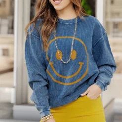 Smiley Face Blue Ribbed Graphic Crewneck