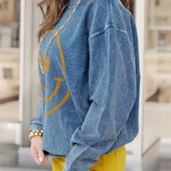 Smiley Face Blue Ribbed Graphic Crewneck 8 Smiley Face Blue Ribbed Graphic Crewneck -Women's Clothing Store becca NEW 0131