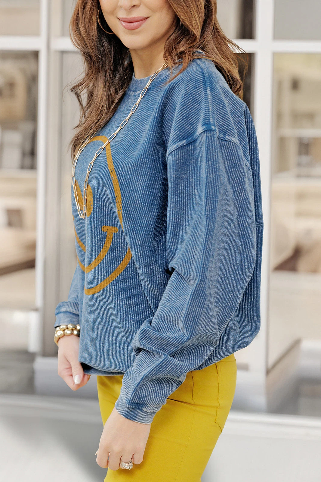 Smiley Face Blue Ribbed Graphic Crewneck 4 Smiley Face Blue Ribbed Graphic Crewneck - Image 4