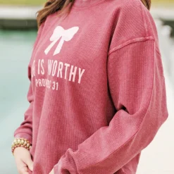 She Is Worthy Ribbed Graphic Crewneck -Women's Clothing Store becca NEW 0217
