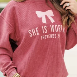 She Is Worthy Ribbed Graphic Crewneck -Women's Clothing Store becca NEW 0219