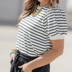 Striped Puff Sleeve Tee -Women's Clothing Store becca NEW marchweek20226