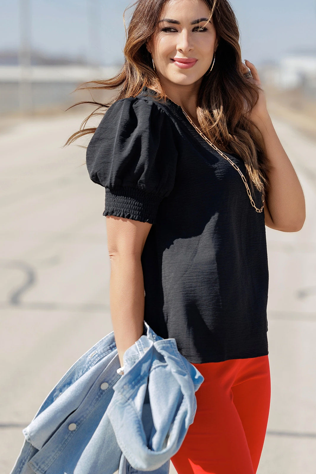 Cinched V Ruched Puff Sleeve Blouse 7 Cinched V Ruched Puff Sleeve Blouse - Image 7