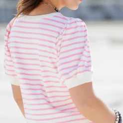 Striped Puff Sleeve Tee -Women's Clothing Store becca NEW marchweek20310