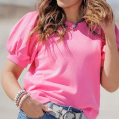 Rib Accented Puff Sleeve Tee -Women's Clothing Store becca NEW marchweek20313