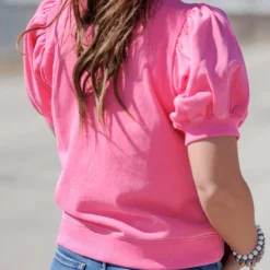 Rib Accented Puff Sleeve Tee -Women's Clothing Store becca NEW marchweek20315