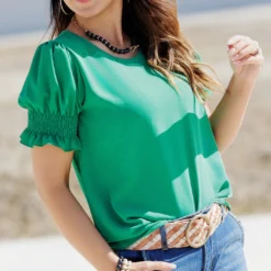 Ruched Puff Sleeve Blouse -Women's Clothing Store becca NEW marchweek20386