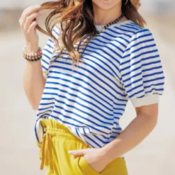 Striped Puff Sleeve Tee -Women's Clothing Store becca NEW marchweek20392