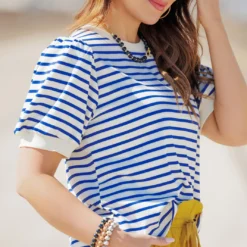Striped Puff Sleeve Tee -Women's Clothing Store becca NEW marchweek20395