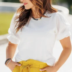 Subtle Raised Stripes Puff Sleeve Blouse 8 Subtle Raised Stripes Puff Sleeve Blouse -Women's Clothing Store becca NEW marchweek20402