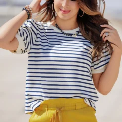 Striped Puff Sleeve Tee -Women's Clothing Store becca NEW marchweek20414