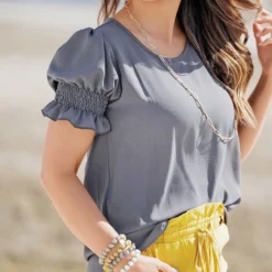 Ruched Puff Sleeve Blouse -Women's Clothing Store becca NEW marchweek20418