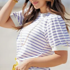 Striped Puff Sleeve Tee -Women's Clothing Store becca NEW marchweek20421