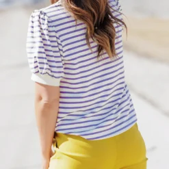 Striped Puff Sleeve Tee -Women's Clothing Store becca NEW marchweek20422