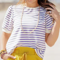 Striped Puff Sleeve Tee -Women's Clothing Store becca NEW marchweek20424