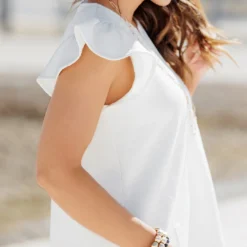 Textured Flutter Trim V Blouse -Women's Clothing Store becca NEW marchweek20467