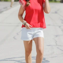 Eyelet Dual Flutter Trim Blouse -Women's Clothing Store becca NEW marchweek20509