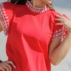 Eyelet Dual Flutter Trim Blouse -Women's Clothing Store becca NEW marchweek20513