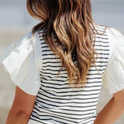 Striped Faux Layered Blouse -Women's Clothing Store becca NEW marchweek20540