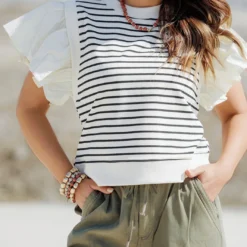 Striped Faux Layered Blouse -Women's Clothing Store becca NEW marchweek20541