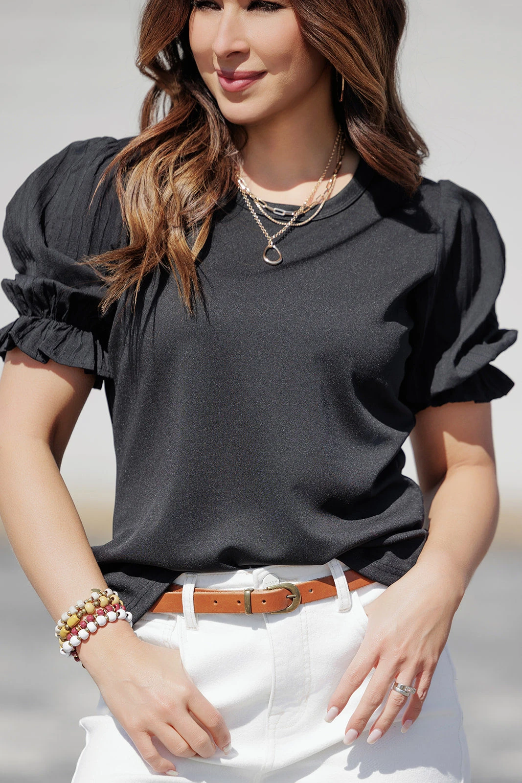 Subtle Raised Stripes Puff Sleeve Blouse 1 Subtle Raised Stripes Puff Sleeve Blouse